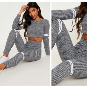 Grey Knitted Rib Stripe Lounge Set